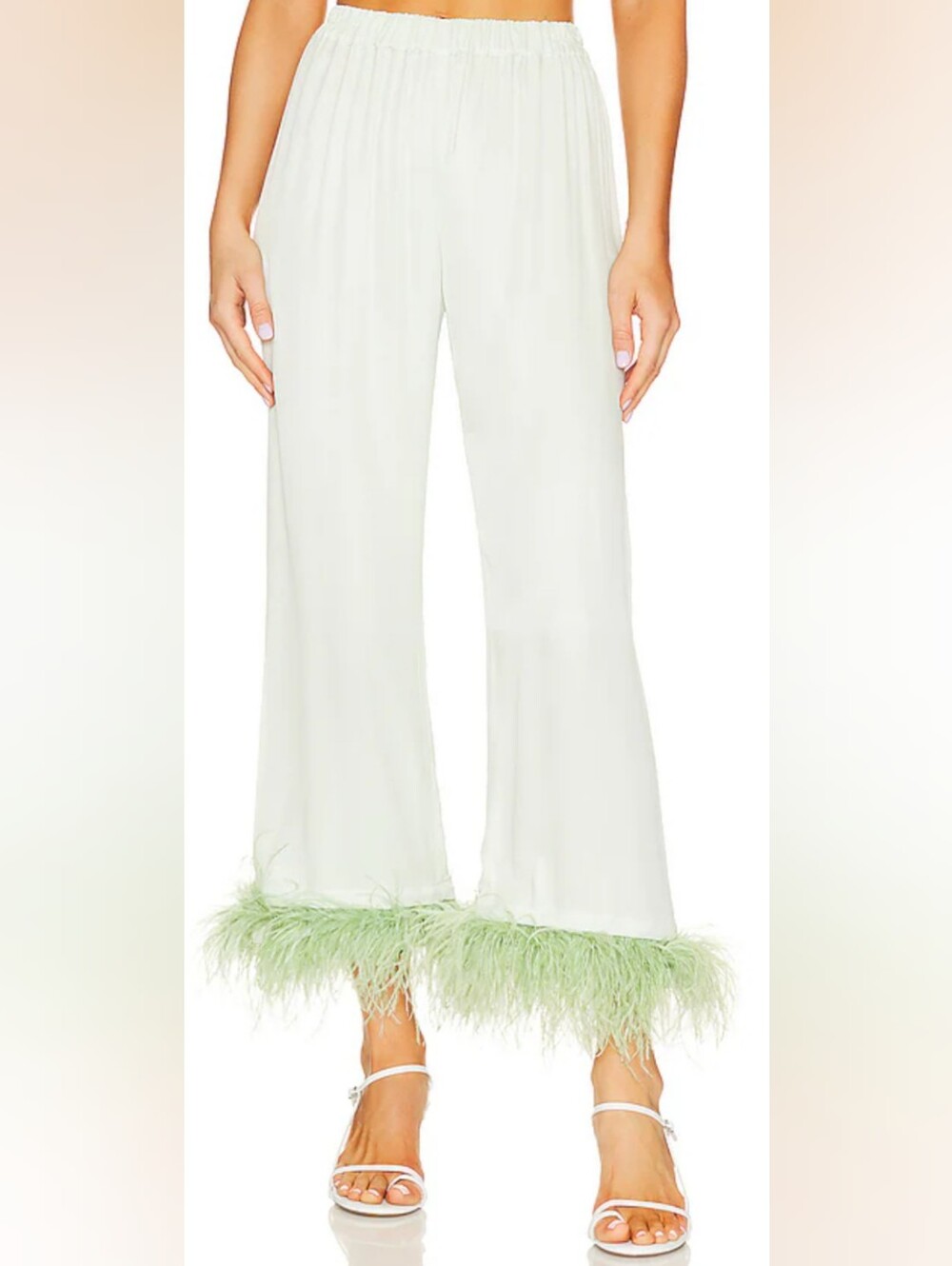Sleeper Cream Wide-Leg Pants with Pale Green Feather Hem